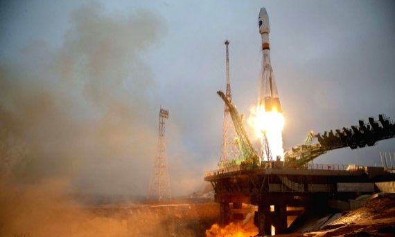 A Russian Soyuz-2.1b carrier rocket with the "Arktika-M" satellite on board blasts off from the Baikonur Cosmodrome in Kazakhstan on February 28, 2021. (Roscosmos/IANS photo)