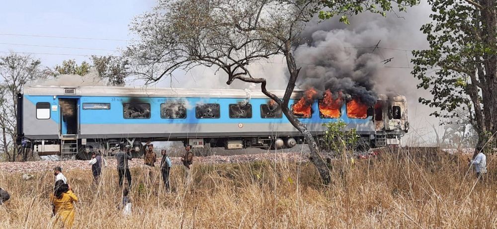 Dehradun: Fire breaks out on a coach of Dehradun-Delhi Shatabdi Express Train near Kasro railway station, in Dehradun district, Saturday, March 13, 2021. (PTI Photo)