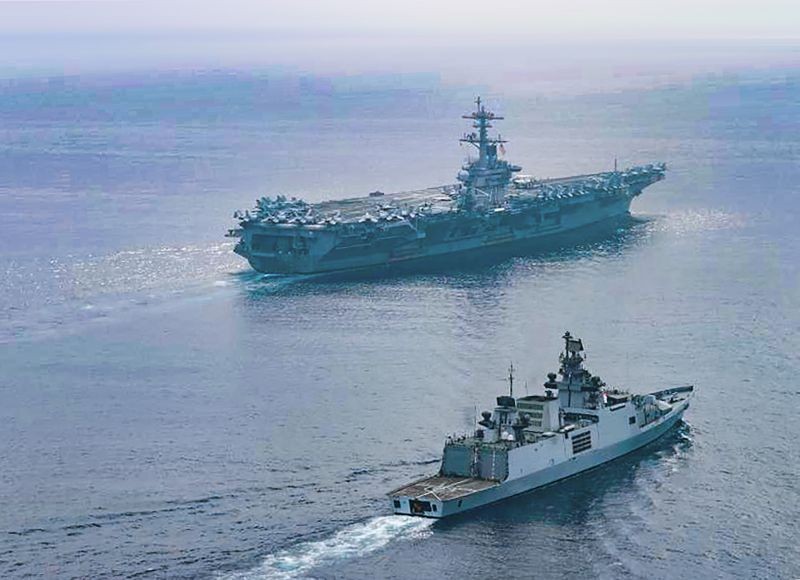 Indian Ocean: INS Shivalik participates in a Passage Exercise (PASSEX) with US Navy's USS Theodore Rosevelt Carrier Strike Group in the eastern Indian Ocean Region. (PTI Photo)  