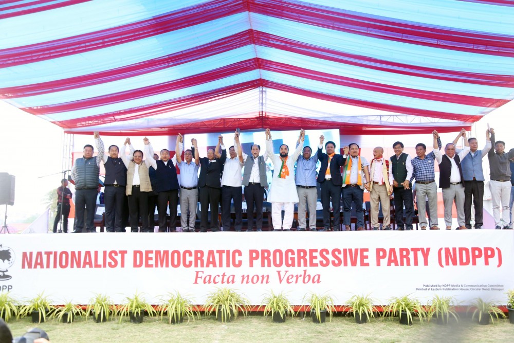PDA alliance leaders on stage during their election campaign kickoff event in Dimapur on March 19. (Photo by Soreishim Mahong)