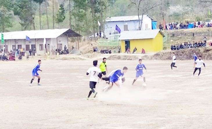 Players in action during a men’s football match on the fifth day of the 55th SRSA sports meet on March 5. (Morung Photo)