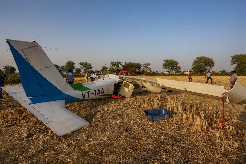 Bhopal: Three pilots were injured after a trainer aircraft that they were travelling in crashed, near Bishan Khedi village on the outskirts of Bhopal, Saturday, March 27, 2021. (PTI Photo)