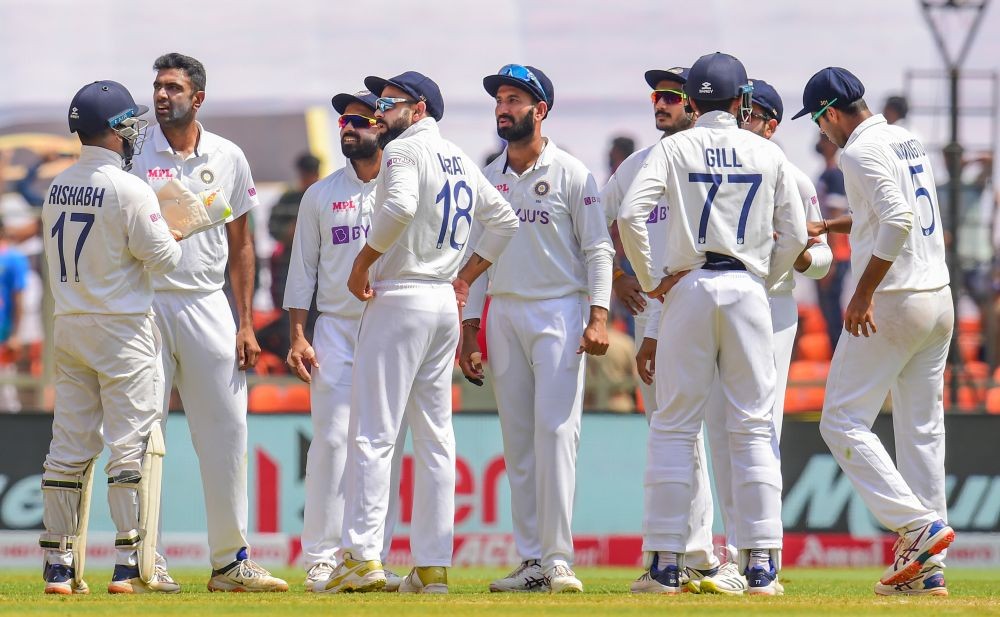 Ahmedabad: Indian cricketers celebrate the dismissal of a England batsman during the third day of the 4th and last cricket test match between India and England, at the Narendra Modi Stadium in Ahmedabad, Saturday, March 6, 2021. (PTI Photo/Kamal Kishore)(PTI03_06_2021_000051B)