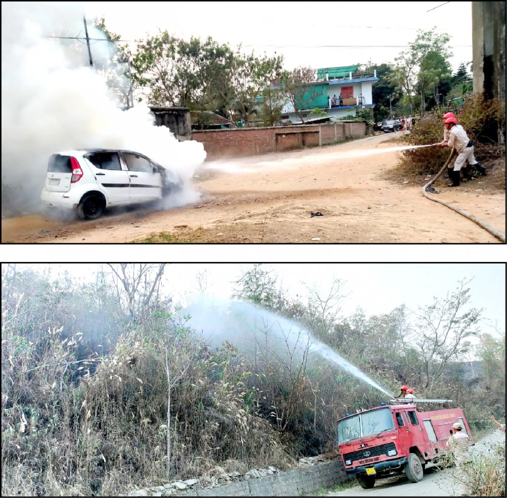 (Top) Fire personnel were pressed into action after a vehicle caught on fire at State stadium, Dimapur on March 25. (Bottom): F&ES team from Fire Station Kohima (North) dousing the fire at Thizama Road, Near Assembly Secretariat Main Gate on March 25. (Photo Courtesy: F&ES Nagaland)