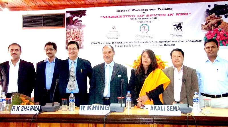 Parliamentary secretary for Horticulture, Nagaland, R. Khing (centre) and Director, CIH Nagaland, Dr. Akali Sema (3rd right) along with resource persons and officials at the inaugural function of the 2-day regional workshop-cum-training on ‘Marketing of Spices in NER’ at Police Complex, Chumukedima, Friday. (Morung Photo)