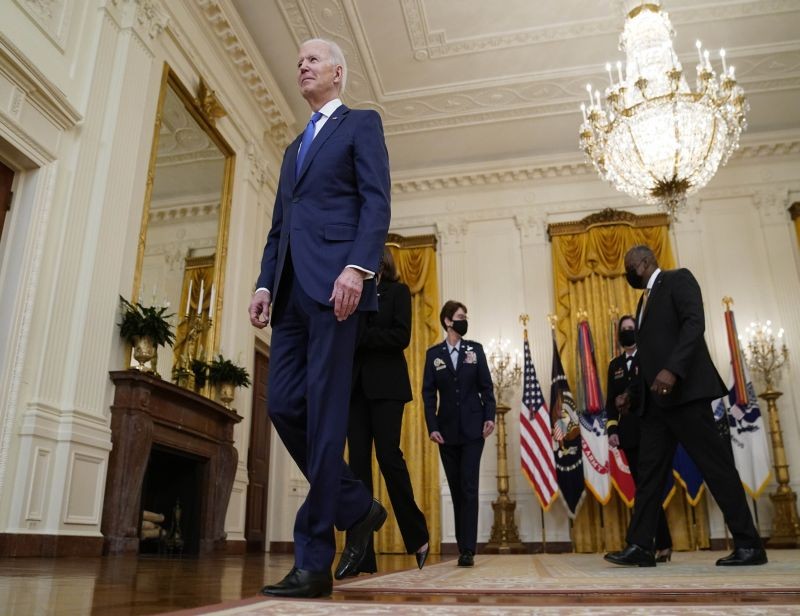 President Joe Biden departs after speaking at an event to mark International Women's Day on March 8, 2021, in the East Room of the White House in Washington. (AP/PTI Photo)