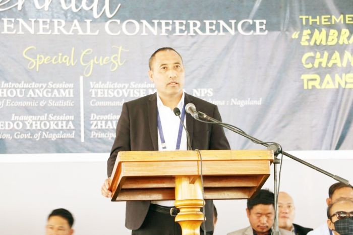 Adviser Medo Yhokha addressing the inaugural session of the Northern Angami Students’ Union (NASU) 46th Biennial General Conference.