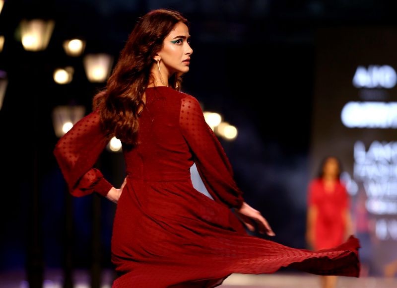 Mumbai: A model walks the ramp for AJIO at FDCI x Lakme Fashion Week, in Mumbai, Friday, March 19, 2021. (PTI Photo)