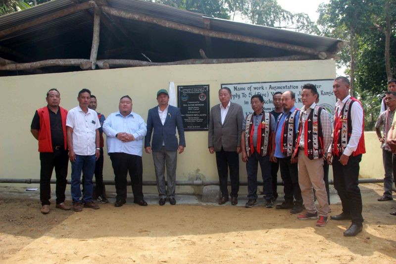 Minister Jacob Zhimomi along with Minister Temjen Imna Along, Advisor Kazheto Kinimi and village council members after commissioning the ‘Augmentation of Water Supply to five villages in Japukong Range’ at Yajang C village under Mokokchung District on March 16.