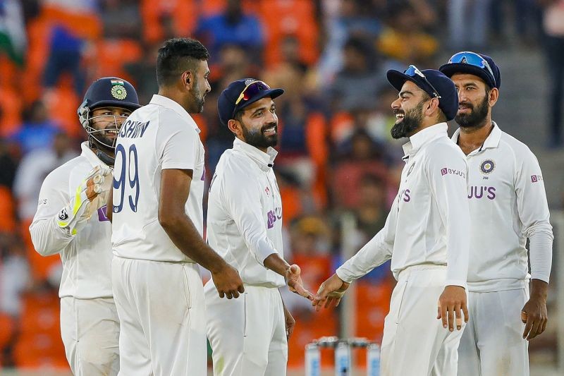 Indian Team members celebrate after taking a wicket on the second day of the 3rd cricket test match between India and England, at Narendra Modi Stadium in Ahmedabad on February 25. (PTI File Photo)