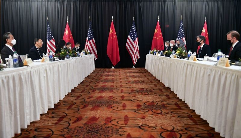 Secretary of State Antony Blinken, second from right, joined by national security adviser Jake Sullivan, right, speaks while facing Chinese Communist Party foreign affairs chief Yang Jiechi, second from left, and China's State Councilor Wang Yi, left, at the opening session of US-China talks at the Captain Cook Hotel in Anchorage, Alaska on March 18, 2021. (AP/PTI Photo)