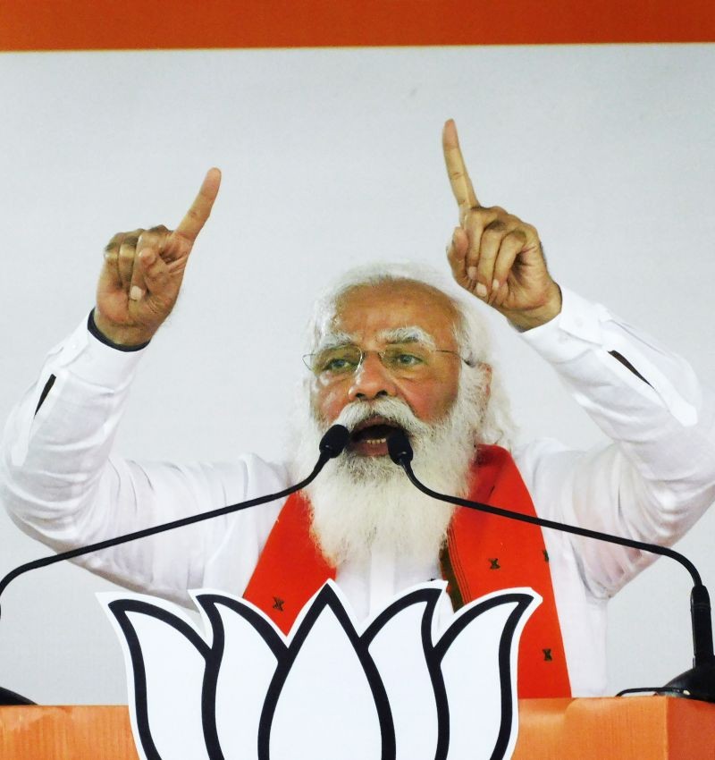 Bankura: Prime Minister Narendra Modi addresses a public meeting ahead of the West Bengal Assembly Polls, in Bankura, Sunday, March 21, 2021. (PTI Photo)