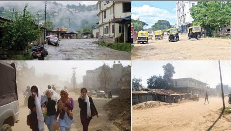 A collage of photos taken in Dimapur and Kohima depicts the condition of roads in both places. According to Nagaland Pollution Control Board (NPCB), bad roads are major contributing factor for both being listed as polluted cities and violating the prescribed National Ambient Air Quality Standards (NAAQS) by the Central Pollution Control Board. (Photo Courtesy: NPCB).  