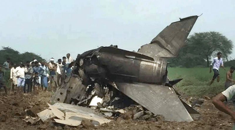 Wreckage of the Indian Air Force MiG-21 Bison fighter jet lies in a field after the crash in Gwalior on March 17, 2021. Group Captain A Gupta lost his life in the tragic accident. (PTI Photo)