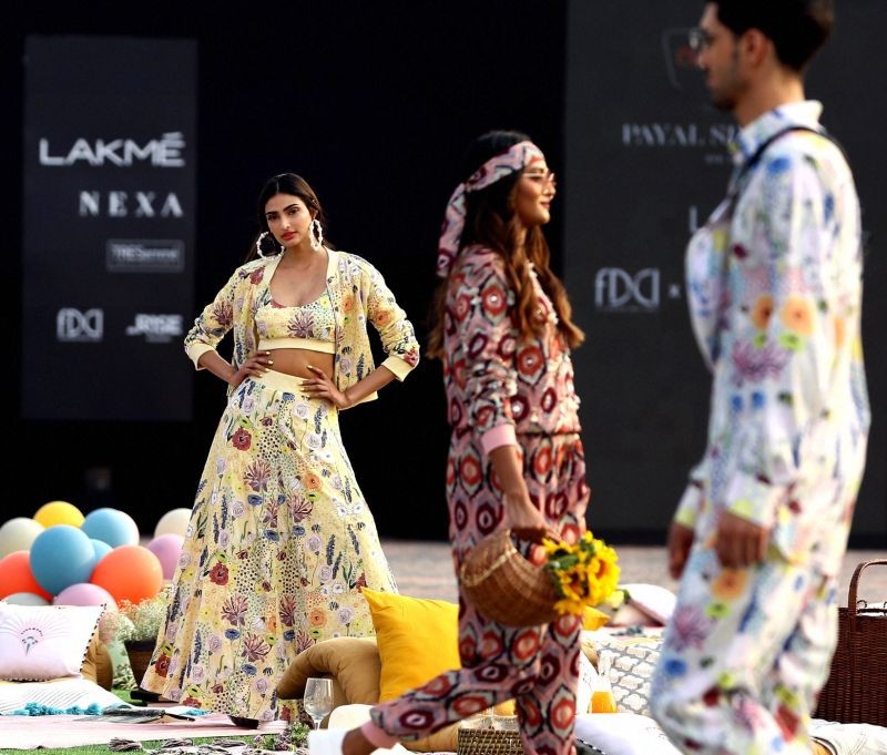 Mumbai: Bollywood actress and show stopper Athiya Shetty poses during a show of designer Payal Singhal at FDCI x Lakme Fashion Week, in Mumbai, Saturday, March 20, 2021. (PTI Photo)