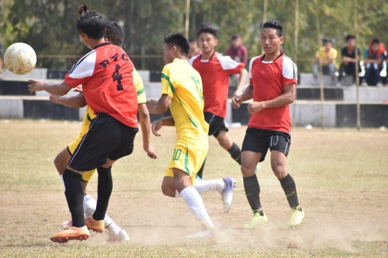 A match in action at the ongoing 15th Jalukie Valley Open Football Tournament.