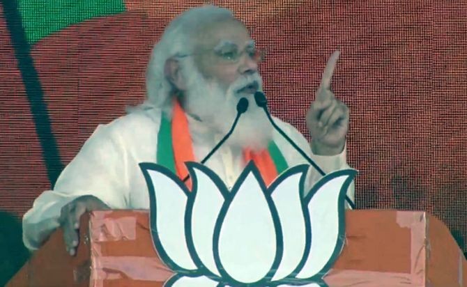 Prime Minister Narendra Modi addresses a massive BJP rally at the Brigade Parade Grounds, his first in West Bengal after the announcement of assembly polls. Photograph: BJP/Twitter