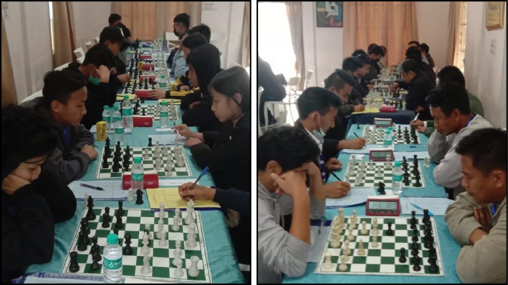 Matches for open category (right) and combine category U-18 & 14 (left) in progress on the second day of the ongoing 18th Nagaland State Chess Championship 2021 held The Heritage, Old DC Bungalow, Kohima on March 30. (Morung Photo)