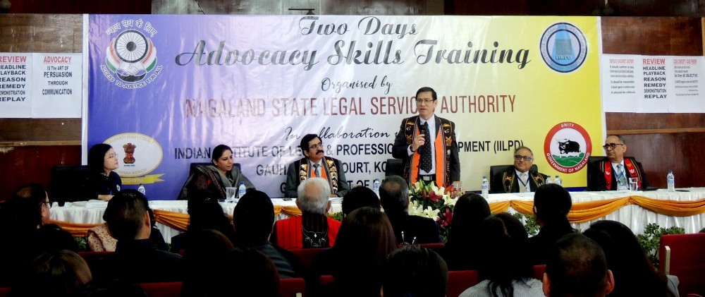 Justice N. Kotiswar Singh addressing the inaugural function of two day advocacy skills training for lawyers in Kohima on March 21. (Morung Photo)