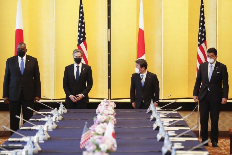 U.S. Secretary of State Antony Blinken,  center left, U.S. Defense Secretary Lloyd Austin, left, Japan's Foreign Minister Toshimitsu Motegi, center right,  and Japan's Defense Minister Nobuo Kishi attend their two plus two security talks at Iikura Guest House in Tokyo, Japan on March 16, 2021. Defense and foreign ministers from the U.S. and Japan are meeting to discuss their concern over China's growing influence in the Indo-Pacific region as the Biden administration tries to reaffirm engagement with its key regional allies. (AP/PTI Photo)