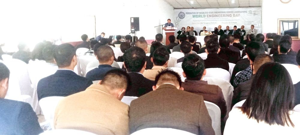 Minister Tongpang Ozukum speaking during the World Engineering Day celebration in Kohima on March 4. (Morung Photo)