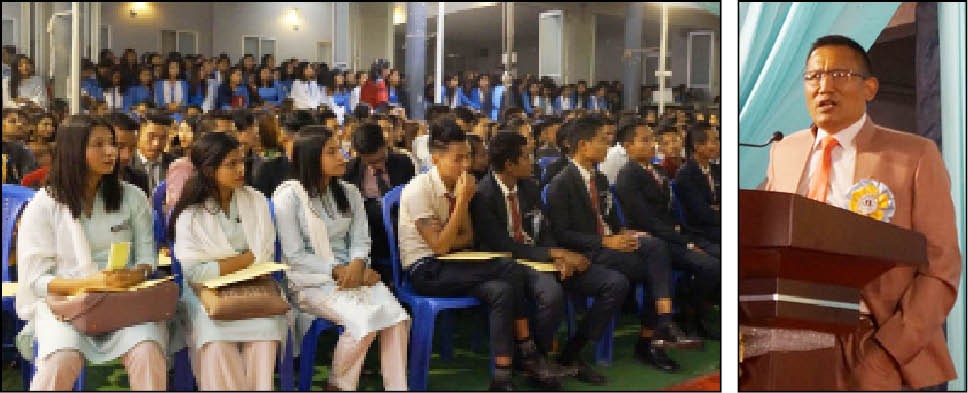 (Left) A section of students at the 26th freshers’ social cum annual day of SD Jain Girls’ College on February 9. (Right) DC, Dimapur Kevekha Kevin Zehol (NCS) addressing the gathering. (Morung Photo)