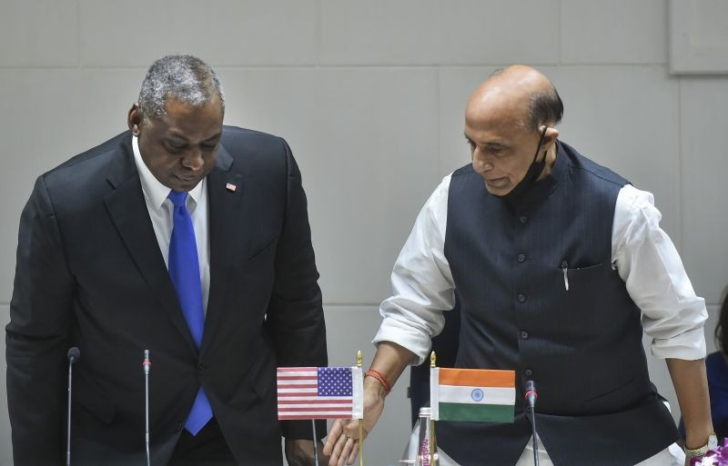 New Delhi: Defence Minister Rajnath Singh and US Secretary of Defence Lloyd James Austin III during their joint statement press conference at Vigyan Bhawan in New Delhi, Saturday, March 20, 2021. (PTI Photo/Arun Sharma)
