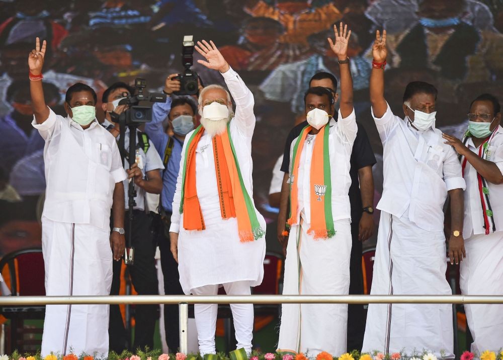 Tiruppur: Prime Minister Narendra Modi during a public meeting as part election campaign in support of their NDA allied candidates, ahead of Tamil Nadu assembly polls, at Dharapuram in Tiruppur district, Tuesday, March 30, 2021. (PTI Photo/R Senthil Kumar)