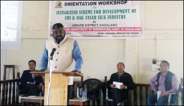 ADC Reny Wilfred IAS Kiphire addressing the farmers at Hopongkyu Memorial Hall, Kiphire on April 23. (Morung Photo)