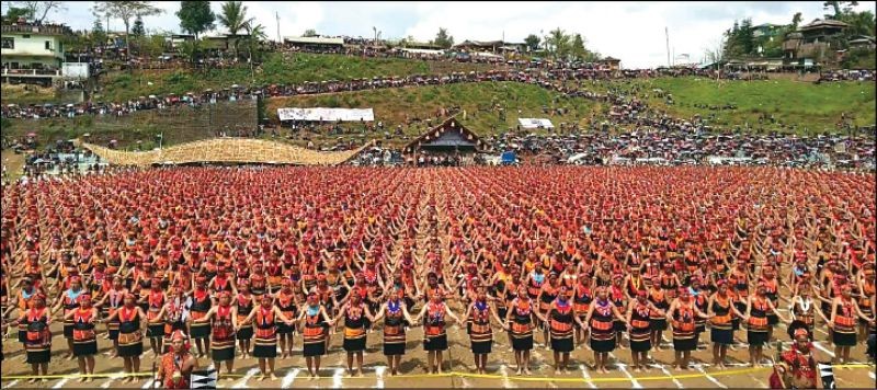 Around 5000 women from the Konyak community perform a traditional dance in an attempt to enter the Guinness World Record on Largest Traditional Konyak Dance display at Mon town local ground on Friday, April 5. (Morung Photo)