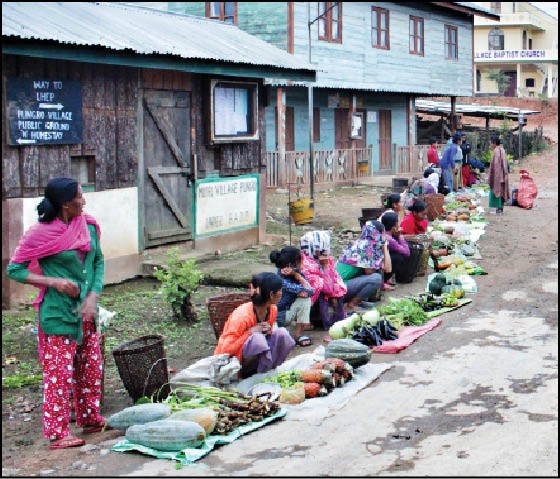 Different Self-Help Group members sell fruits and vegetables at Tuesday Bazaar, an initiative of the SHG in Pungro village, Kiphire district. (Morung Photo)