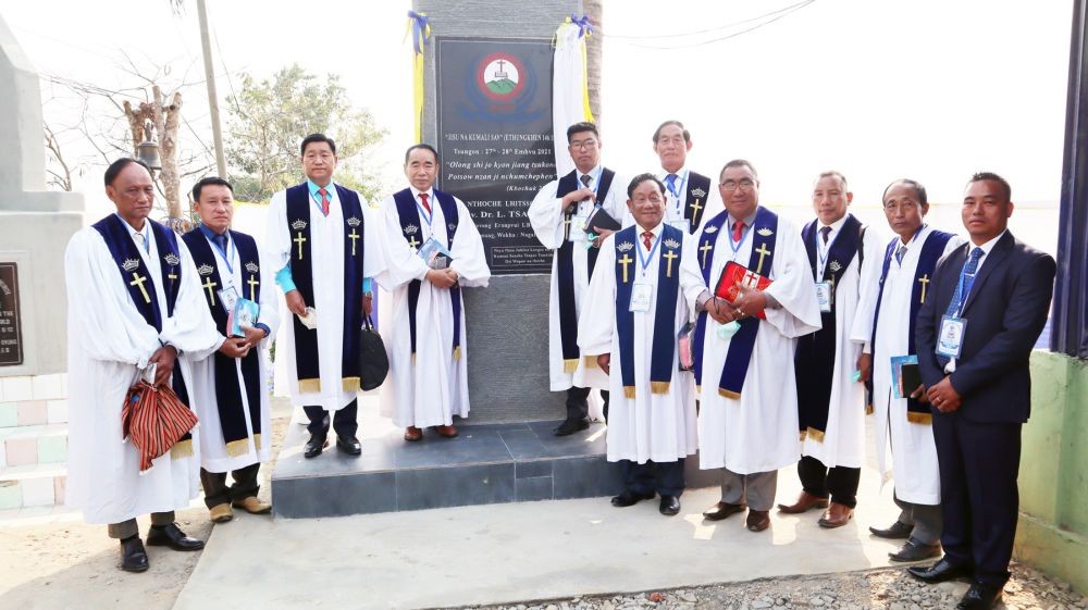 Ordained pastors and Reverend during the unveiling and dedication of the monolith stone to mark the 100 years celebration of Bhandari Village Baptist Church on March 27.