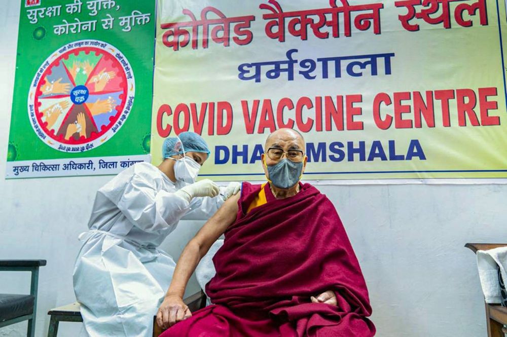 Dharamshala: Tibetan spiritual leader the Dalai Lama receives the first dose of COVID-19 vaccine, at Zonal Hospital in Dharamshala, Saturday, March 6, 2021. (PTI Photo)