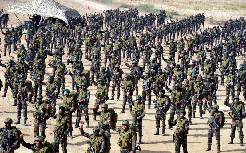 Agra: Army soldiers during an exercise in Agra, Saturday, March 27, 2021. The event was organised to show military skills of the Para Regiment. (PTI Photo/Vijay Verma)  
