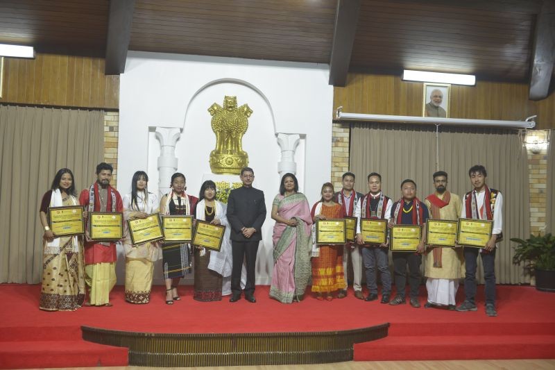 Nagaland Governor RN Ravi with the recipients of North East Zone Cultural Centre Young Talent Artiste Award during the ceremony held at Dr Imkongliba Ao Hall, Raj Bhavan Kohima on March 24.