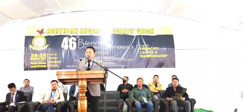 Neidilhou Angami speaking at the introductory session of the NASU general conference at Botsa Village on March 26. (Morung Photo)