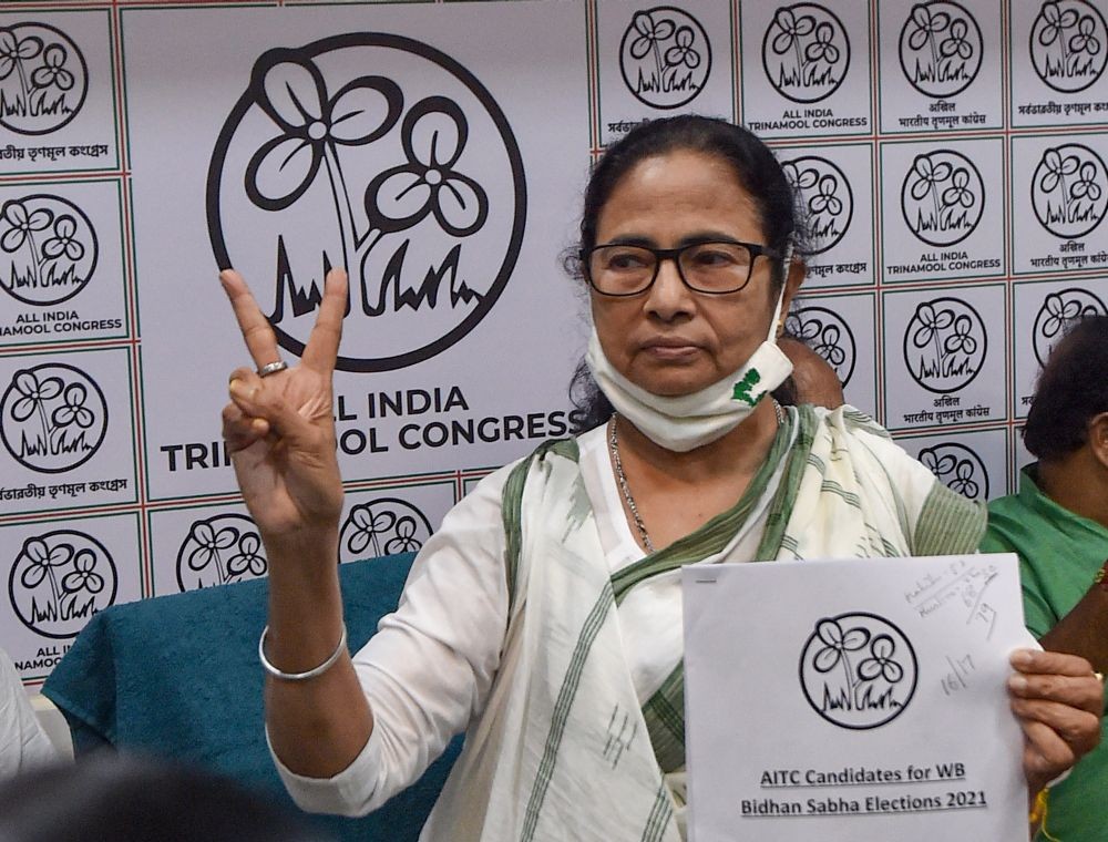 Kolkata:West Bengal Chief Minister and TMC Supremo Mamata Banerjee interacts with media during announcement of her party candidate list for upcoming State Assembly elections, at Kalighat in Kolkata, Friday, March 5, 2021. (PTI Photo/Swapan Mahapatra)