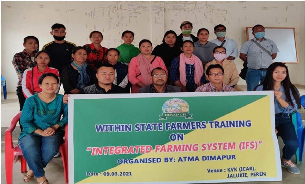 Agriculture Technology Management Agency (ATMA) Dimapur organised a ‘Within State Farmers Training’ on Integrated Farming Systems (IFS) at KVK (ICAR) Jalukie on March 9. The participating farmers were briefed on Integrated Farming System Approach, package of practices of King Chilly cultivation, and Soil Health Management in IFS. All together 15 farmers from Sochunoma, Zhuikhu, Molvon and Tsuuma attended the training programme which was followed interactive sessions between farmers and scientists. (Photo Courtesy: ATMA Dimapur)