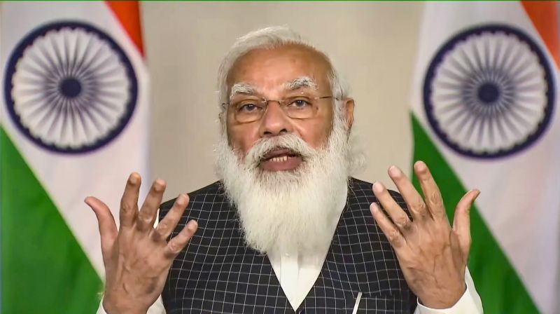 Prime Minister Narendra Modi speaks during a meeting with chief ministers all states and Union territories over the spike in COVID-19 cases, via video conferencing, in New Delhi on March 17. (PTI Photo)