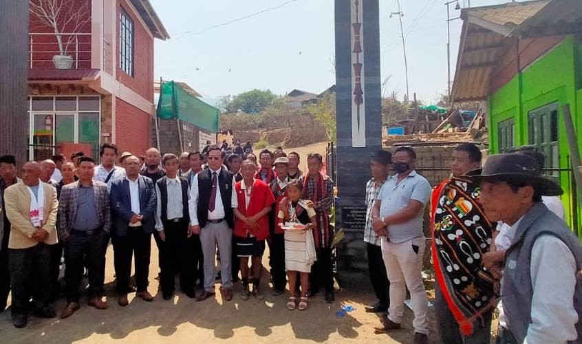 Dr Er Vekho along with the village leaders after the unveiling of the plaque at the site of the newly constructed gate at Chozubami village on March 27.