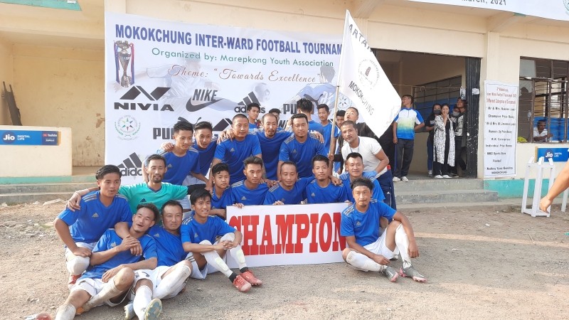 Artang ward, champions of the 2nd Inter-ward football tournament organized by the Marepkong Youth Association celebrates after defeating Penli ward 3-1 at Imkongmeren Sports complex, Mokokchung on March 20. (Morung Photo)