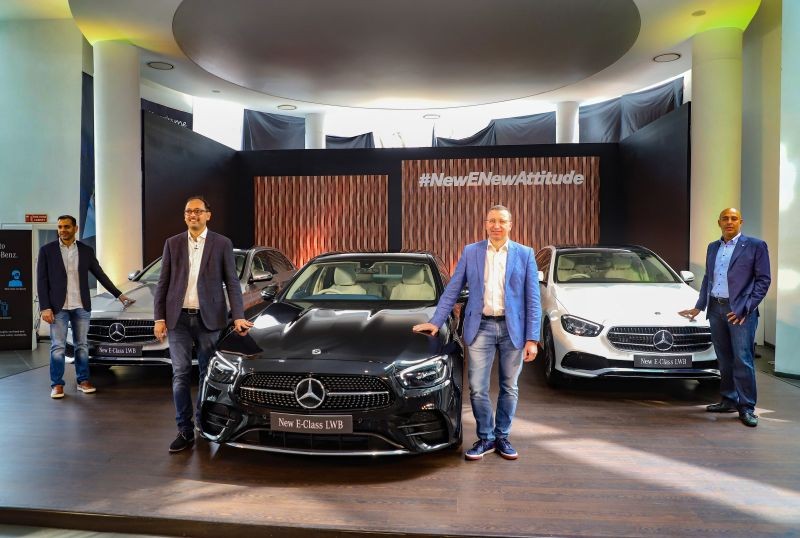 Mercedes-Benz India MD and CEO, Martin Schwenk (2R), Mercedes-Benz India Vice President Sales and Marketing Santosh Iyer (2L), Chairman of T&T Motors Vidur Talwar (R) and Mercedes-Benz T&T Motors MD, Rohan Talwar (L), during the launch of Mercedes-Benz E-Class, in New Delhi on March 16, 2021. (PTI Photo)
