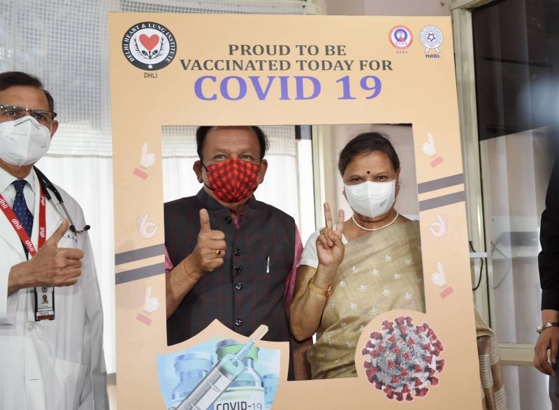 Union Health Minister Dr. Harsh Vardhan and his wife Nutan Goel pose for photographs after receiving the first dose of COVID-19 vaccine, during the second phase of a countrywide inoculation drive, at  Delhi Heart and Lung Institute  in New Delhi on March 2, 2021. (PTI Photo)