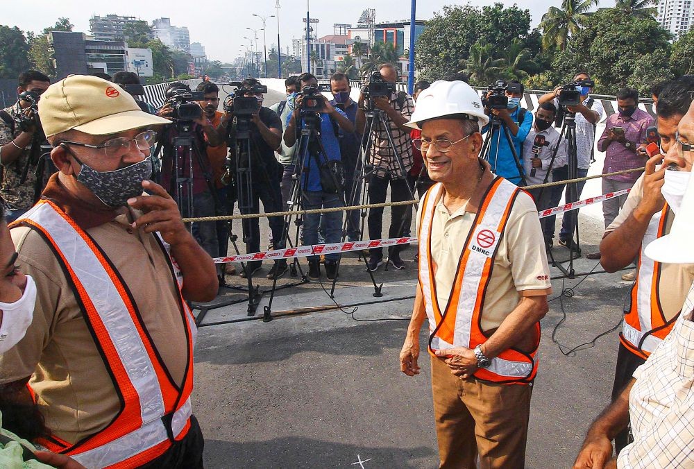 Kochi: Metroman E Sreedharan visits Palarivattom Bridge, in Kochi, Thursday, March 04, 2021. BJP announced Sreedharan as its chief minister candidate for Kerala Assembly Elections 2021. (PTI Photo)