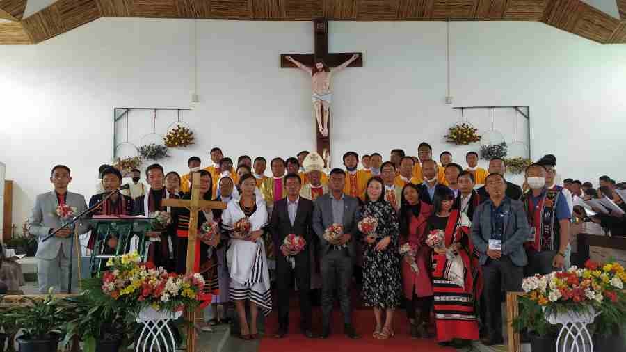 Executive Members of NCYM along with newly inducted office bearers with the Bishop of Kohima Diocese and other priests at St Xavier's Church, Zhavame on April 25.