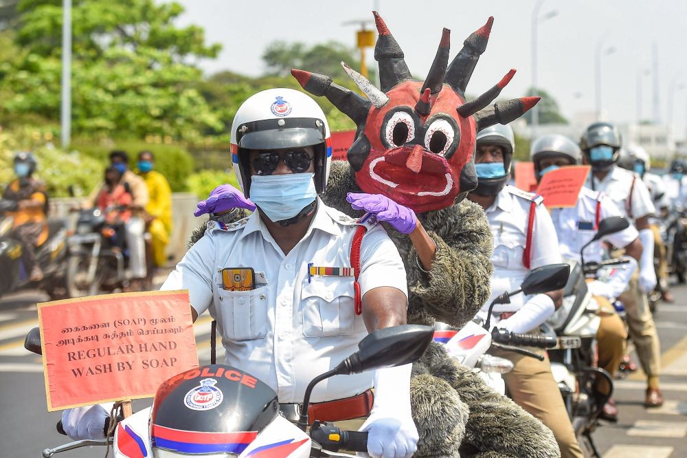 Chennai: Traffic Police personnel take part in a bike rally to spread awareness on Covid-19 coronavirus, in Chennai, Thursday, April 29, 2021. (PTI Photo) (