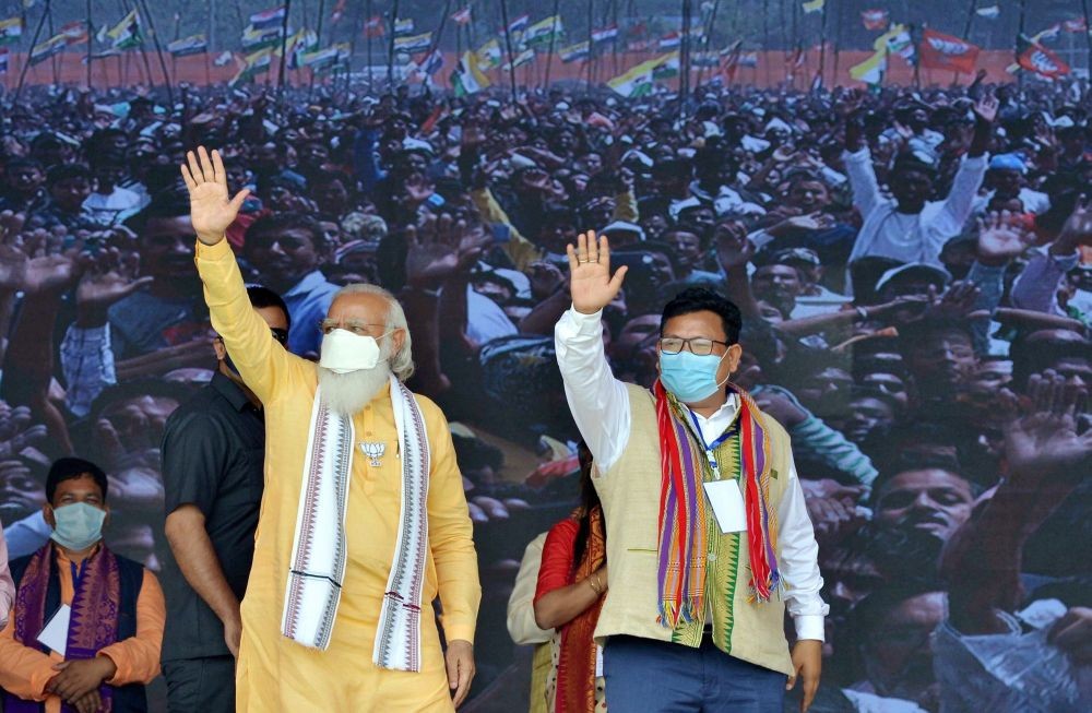 Baksa: Prime Minister Narendra Modi during a public rally ahead of third phase of Assam Assembly Elections 2021, in Baksa district, Saturday, April 3, 2021. (PTI Photo)