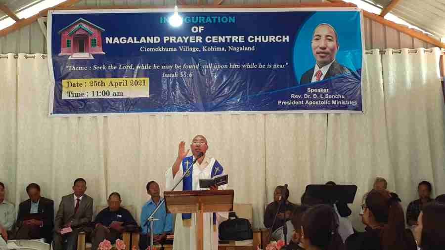 Rev Dr DL Sanchu addressing the inaugural function of Nagaland Prayer Centre Church at Tsiemekhuma on April 25. (Morung Photo)