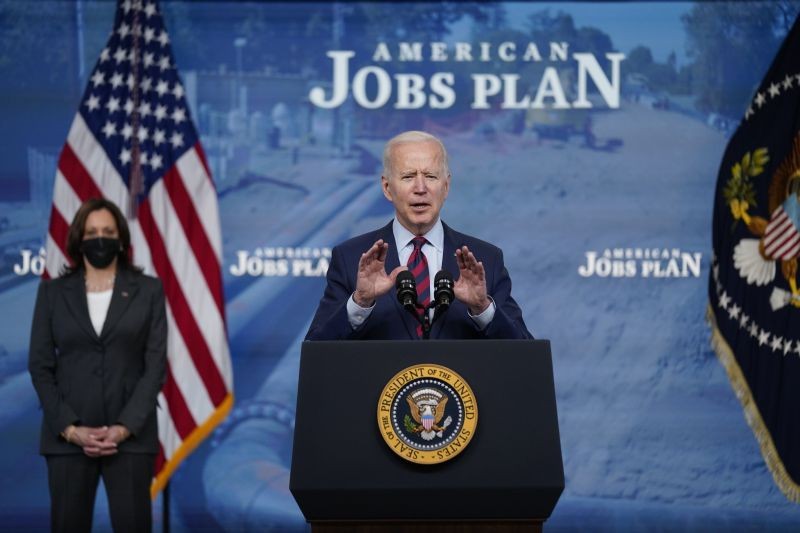 President Joe Biden speaks during an event on the American Jobs Plan in the South Court Auditorium on the White House campus on April 7, 2021, in Washington. Vice President Kamala Harris is a left. (AP/PTI Photo)