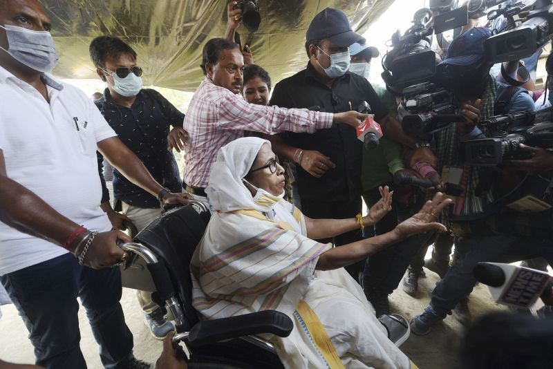 West Bengal Chief Minister Mamata Banerjee arrives at a polling station during the second phase of West Bengal Assembly Polls, at Boyal in Nandigram on April 1, 2021. (PTI Photo)